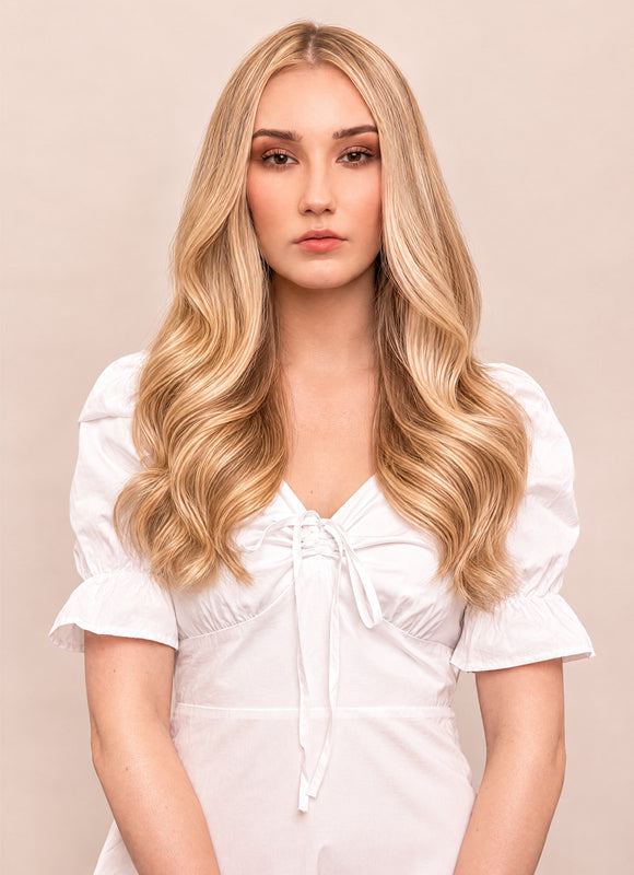 16 inch Ultimate Volume Clip in Hair Extensions Light Brown with Light Blonde Highlights