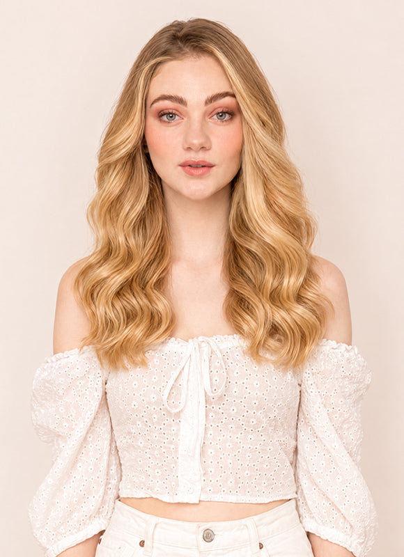 16 inch Full Volume Clip in Hair Extensions Ash Brown & Light Blonde Balayage