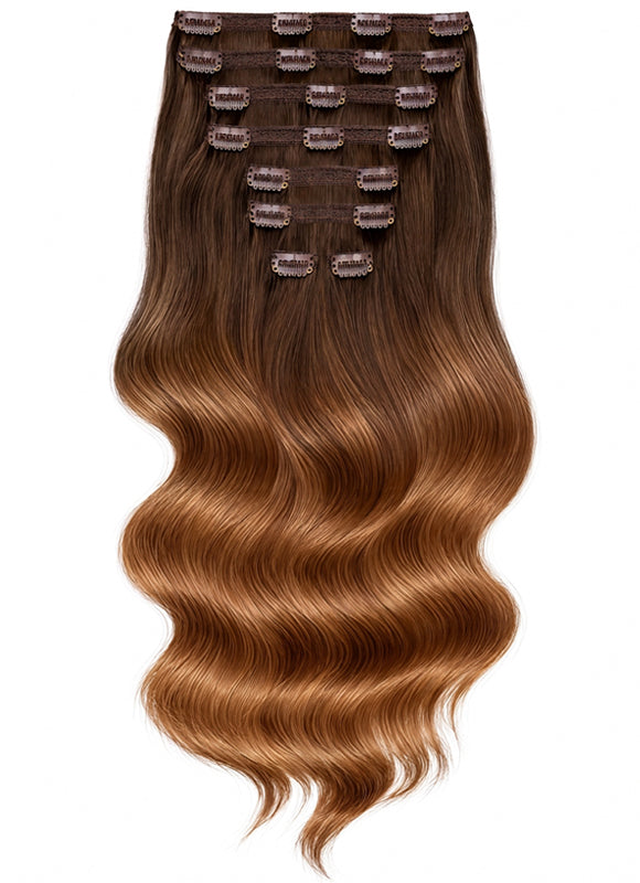 16 inch Full Volume Clip in Hair Extensions Dark to Light Chestnut Brown Ombre