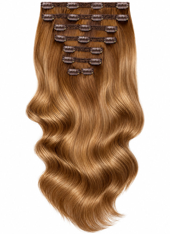 16 inch Full Volume Clip in Hair Extensions Medium Brown to Golden Blonde Ombre