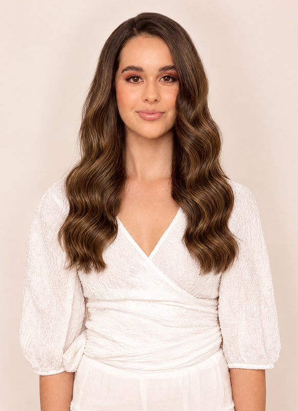 16 inch Full Volume Clip in Hair Extensions Mocha & Medium Brown Balayage