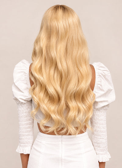 20 inch Full Volume Clip in Hair Extensions Light Blonde with Strawberry Blonde Highlights