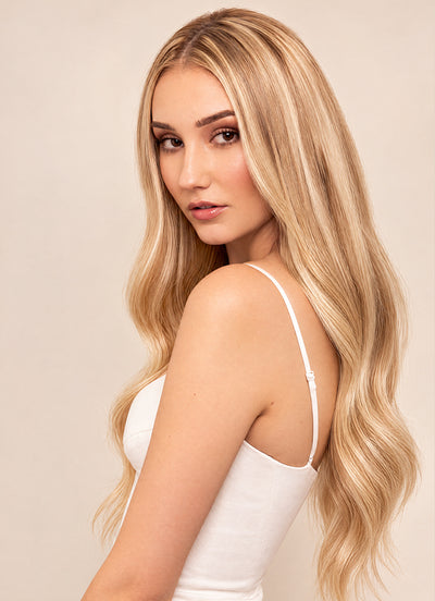 20 inch Full Volume Clip in Hair Extensions Light Brown with Light Blonde Highlights