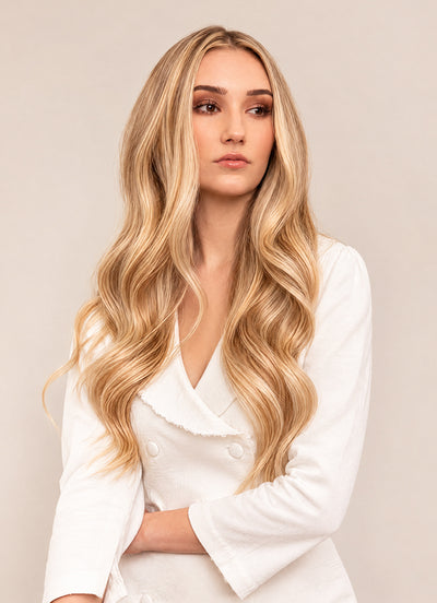 20 inch Full Volume Clip in Hair Extensions Light Brown with Light Blonde Highlights