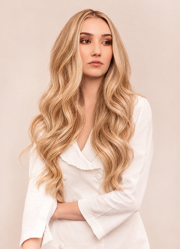 20 inch Ultimate Volume Clip in Hair Extensions Light Brown with Light Blonde Highlights