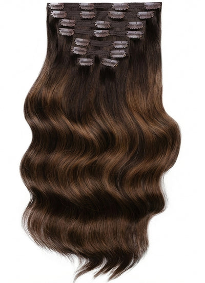 20 inch Full Volume Clip in Hair Extensions Mocha & Medium Brown Balayage