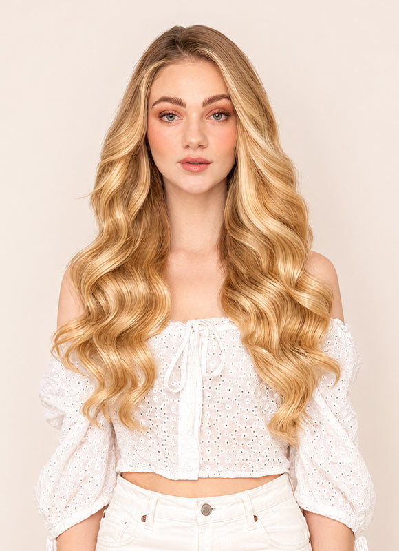 20 inch Ultimate Volume Clip in Hair Extensions Light Brown & Blonde Balayage
