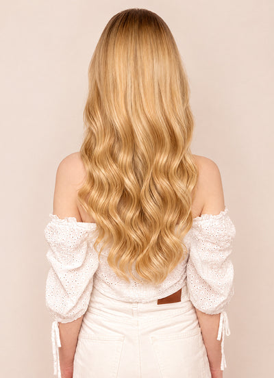 20 inch Full Volume Clip in Hair Extensions Ash Brown & Light Blonde Balayage