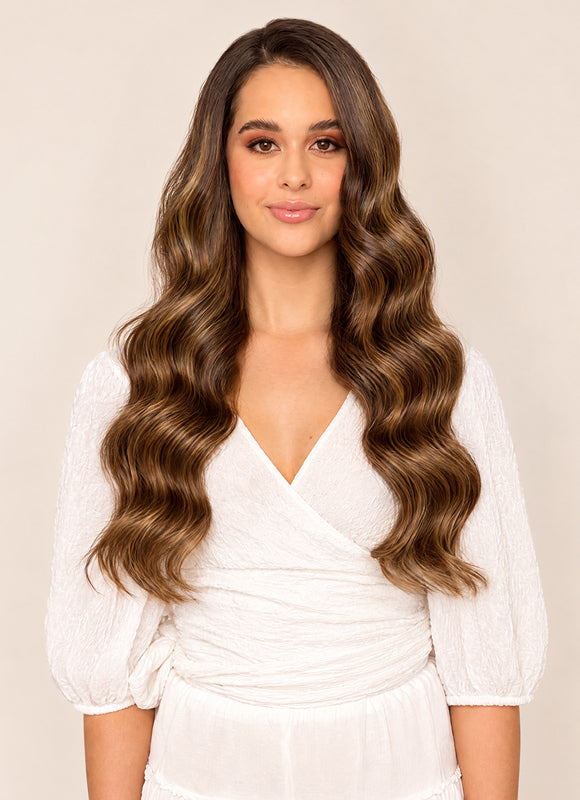 20 inch Full Volume Clip in Hair Extensions Mocha & Medium Brown Balayage