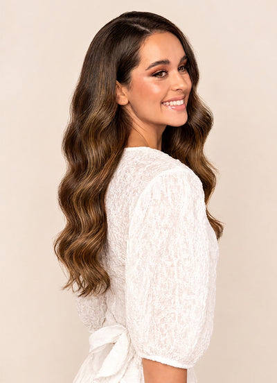 20 inch Ultimate Volume Clip in Hair Extensions  Mocha & Medium Brown Balayage