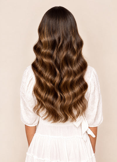 20 inch Ultimate Volume Clip in Hair Extensions  Mocha & Medium Brown Balayage