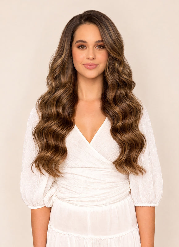 20 inch Ultimate Volume Clip in Hair Extensions  Mocha & Medium Brown Balayage