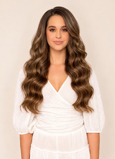 20 inch Ultimate Volume Clip in Hair Extensions  Mocha & Medium Brown Balayage
