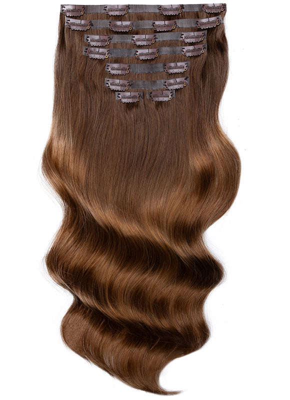 20 inch Seamless Clip in Hair Extensions Dark Brown to Medium Brown Om