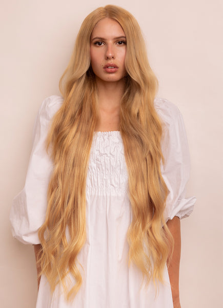 30 inch clip in hair extensions #16 light golden blonde 1