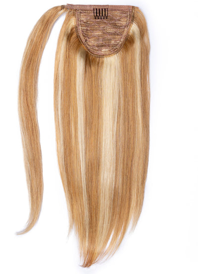 16 inch Clip in Ponytail Extension Light Brown with Light Blonde Highlights