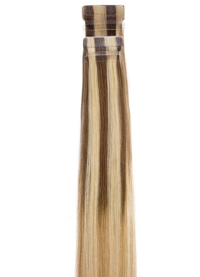 20 Inch Remy Tape Hair Extensions Medium Ash Brown to Golden & Light Blonde Highlights Balayage